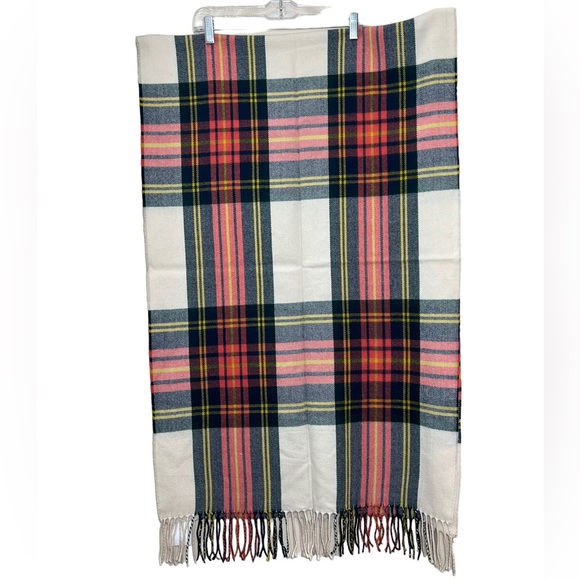 NWT J. Crew Factory plaid off white pink navy green yellow plaid fringe scarf - Picture 6 of 9